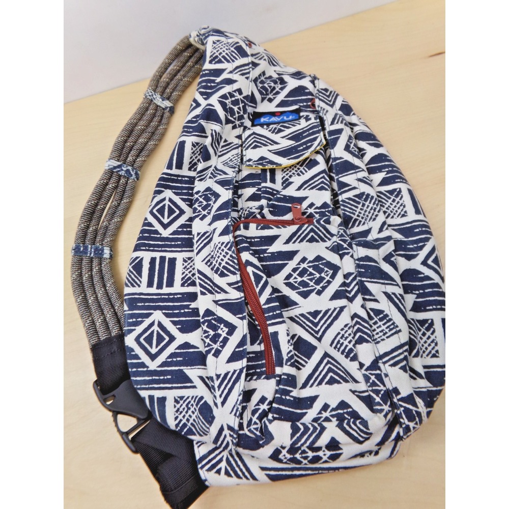 Kavu  Rope Sling Bag 100 % Cotton Cross Body Backpack 3 Zippered Pockets Blue‎